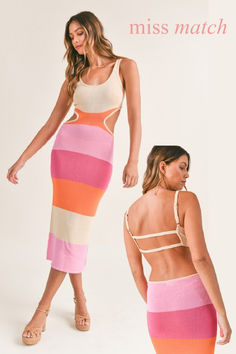 Take on the summer with boldness in the Rochelle Midi Dress! Featuring a striking pink color block design, adjustable shoulder straps and alluring side cut outs, this dress is perfect for any adventurous fashionista. The open back detail adds a touch of daring, while the knit design ensures comfort. Cutout Dresses, Cut Out Dresses, Midi Dress Pink, Color Block Design