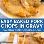 baked pork chops in gravy on a white plate