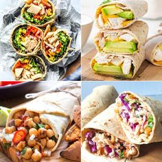 four different wraps filled with various types of food