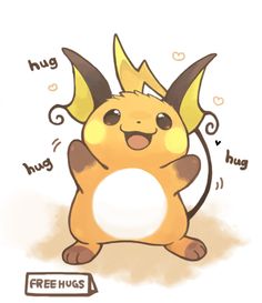 a drawing of a pokemon character with the words free hugs on it's chest