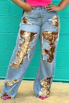 Xpluswear Denim And Gold Party, Western Painted Jeans, Western Clothing For Women, Colorful Plus Size Fashion, Sequin Top With Jeans, Denim And Diamonds Party Outfit Ideas, Graduation Jeans, Homecoming Jeans Decorated, Denim Diamonds Theme Outfit