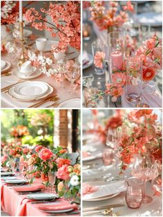 the table is set with pink flowers and candles