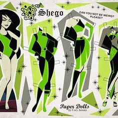 an advertisement for paper dolls from the 1950's, featuring women in green and black