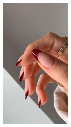 Indulge in the rich, romantic hue of cherry wine nails, perfect for adding a touch of sophistication to any look, day or night. Maroon Tip Nails, Maroon French Tip, Maroon French Tip Nails, Red Tip Nails, Vampy Nails, Red Nail, Nails 2024, Pretty Acrylic Nails