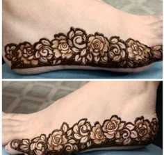 two pictures of the feet with henna tattoos on each side and one has flowers