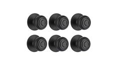 six black door knobs on a white background