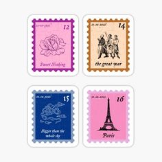 four postage stamps with different designs on them