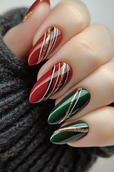 17 Festive Red and Green Christmas Nails To Try This Season Nude Cat Eye Nails, Red And Green Christmas Nails, Green Christmas Nail Ideas, Green Christmas Nail, Green Christmas Nails, Candy Cane Nails, Dark Green Nails, Red And Green Christmas, Solid Color Nails