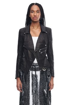 Lightweight supple sheepskin brings all season wearability to this classic biker jacket silhouette. Removable collar longasymmetricalcut lower and moto ribbing shoulder detail. Black Motorcycle Jacket, Oversized Parka, Hooded Wool Coat, Removable Collar, American Fashion Designers, Moto Style, Cropped Denim Jacket, Black Leather Jacket, Cropped Denim