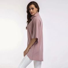 Pink Half Sleeve Irregular Front Split Turtleneck Elegant Loose Blouse Asymmetrical Top For Office, Asymmetrical Solid Color Office Tops, Chic Half Sleeve Blouse For Fall, Short Sleeve Tunic For Workwear, Casual Asymmetrical Hem Tops For Office, Chic Tunic Top For Layering, Solid Short Sleeve Blouse For Layering, Asymmetrical Hem Tops For Office Wear, Asymmetrical Top For Office In Fall