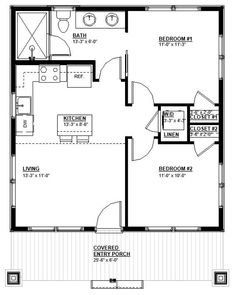 a floor plan for a small house with two bedroom and an attached bathroom, including a living