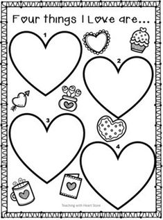 valentine's day worksheet for kids with hearts and cupcakes on it