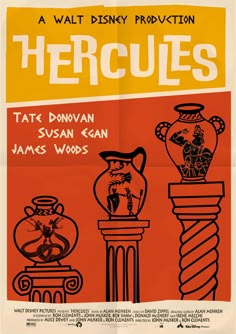 an old movie poster for hercues with various vases and statues on it