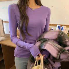 Olivia Mark - Candy-Colored Slim-Fit Basic Top - Soft and Sheer, Long-Sleeve Shirt by Run Xi Purple L, Lilac Purple, Basic Tops, Couple Shirts, Candy Colors, Types Of Collars, Printed Shorts, Pure Cotton, Workout Clothes