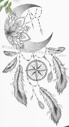 a drawing of a crescent with feathers and a compass on the side, next to some flowers