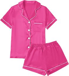 Preppy Silk Pjs, Silky Pjs Pajama Set, Silk Pajamas Preppy, Pink Matching Pajamas, Preppy Pajamas Set, Pj Sets Women, Amazon Pajamas, Silky Sleepwear, Mom Pajamas