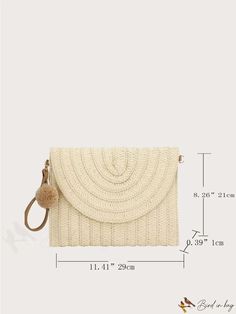 BirdinBag - Stylish Pom Pom Flap Straw Bag: Ideal for Summer Beach Vacations Pom Pom Decor, Beige Pattern, Beach Getaways, Bag Bag, Beach Vacation, Summer Beach, Straw Bag, Medium Size, 4 Inch