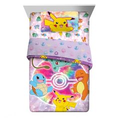 the pokemon bedding set is shown in purple and pink colors with various cartoon characters on it