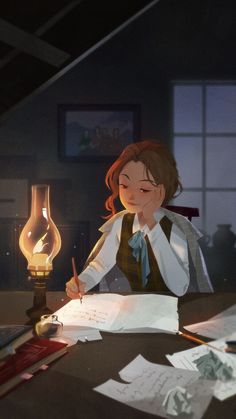 a woman sitting at a desk in front of a lamp and paper on the table