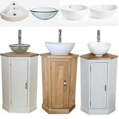 three sinks and two pedestals are shown in this image, one has a bowl on the top