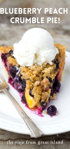 a slice of blueberry crumble pie on a white plate with a scoop of ice cream