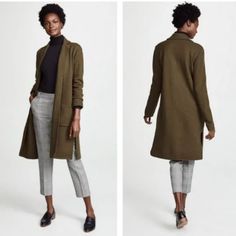 This Chic, Brand New, Never Worn Xxs Olive Green Cardigan Is Part Sweater, Part Coat. Open Front. 100% Merino Wool. Has (2) Front Patch Pockets And Slits On The Sides. Back Of The Collar Is A Contrast Gray Wool (See Last Photo). Approx Dimensions: 38" Long, 21" Pit To Pit, Sleeves 20 ½". Perfect For The Fall! No Pets And Non Smoking Home. Fitted Fall Sweater Coat With Pockets, Fitted Sweater Coat With Pockets For Fall, Fitted Sweater Coat With Pockets For Layering, Fitted Long Coat Cardigan For Workwear, Fitted Long Sleeve Sweater Coat For Daywear, Fitted Sweater Coat With Lapel Collar For Fall, Chic Fitted Sweater Coat With Pockets, Fitted Lapel Collar Sweater Coat For Fall, Fitted Long Sweater Coat For Work