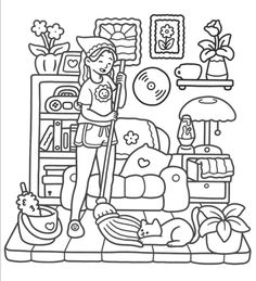 a coloring page with a girl in the living room