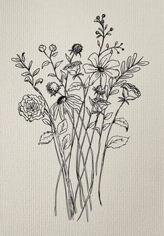 an ink drawing of some flowers on a piece of paper