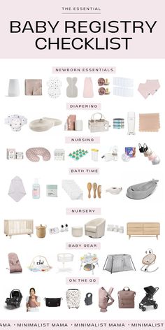 the baby registry checklist is shown in pink and white, with lots of items on it