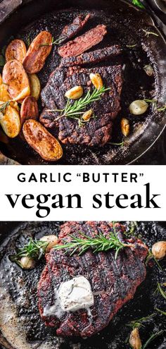 garlic butter vegan steak in a cast iron skillet