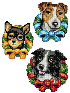 three dogs with bows and wreaths on their heads are shown in this cross stitch pattern