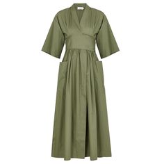 Charita Green Cotton-Poplin Wrap Dress In Khaki Three Graces Army Green Cotton-Poplin Midi Dress V-Neck, Dropped Shoulders, Pleats At Bust And Waist, Two Side Patch Pockets Tie Fastening At Back 100% Cotton Length Shoulder To Hem: 51 Inches/ 129.5cm Midweight Loose A-Line Fit, Slim Across The Waist *Tag Says $580 But This Was In Pounds (Bought In London), Not Us Dollars Khaki V-neck Dress With Pockets, Green Cotton Midi Dress For Work, White Cut Out Dress, Beach White Dress, Button Front Maxi Dress, Blue Floral Print Dress, Three Graces, Wrap Midi Dress, London Dresses