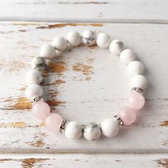 Healing Anger White Howlite & Rose Quartz Bracelet Healing | Etsy Adjustable White Rose Quartz Jewelry, White Crystal Bracelet For Healing, Adjustable White Rose Quartz Beaded Bracelets, White Rose Quartz Beaded Bracelets As Gift, White Rose Quartz Beaded Bracelet As Gift, White Rose Quartz Bracelets With 8mm Beads, Pink Beaded Crystal Bracelet For Meditation, White Beaded Crystal Bracelet For Meditation, White Rose Quartz Beaded Bracelets For Healing