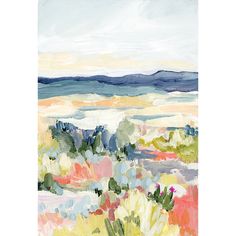 an abstract painting of desert landscape with blue, yellow and pink colors in the background