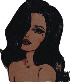 a drawing of a woman's face with dark hair and black eyeshadow