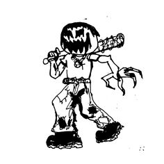 a black and white drawing of a cartoon character holding a baseball bat in his hand