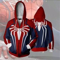 the amazing spider - man zip up hoodie is shown in red, white and blue