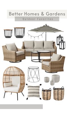 an outdoor living room with wicker furniture and accessories