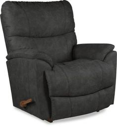 the reclining chair is shown in dark gray fabric with wooden legs and arms,