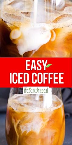 an iced coffee drink in a glass with ice on top and the words easy iced coffee above it