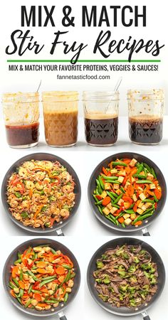 six different types of stir fry in pans with the title overlaying it