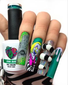 Hand painted Beetlejuice Nail art using all products from NAILZBYDEV.com ‼️💅🏻 The Joker Nail Art, 3d Beetlejuice Nails, Beetle Juice Nail Art, Bettle Juice Nail Art, Beatle Juice Nail Art, Bettle Juice Nail Ideas, Hand Painted Nail Designs, Horror Nail Art