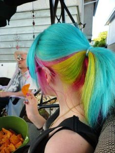 sweet hair colour Rainbow Dyed Hair, Rainbow Hair Color, Multi Colored Hair, Neon Hair, Bright Hair Colors, Multicolored Hair, Bright Hair, Yellow Hair