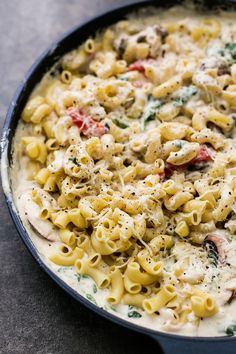 a skillet filled with macaroni and cheese