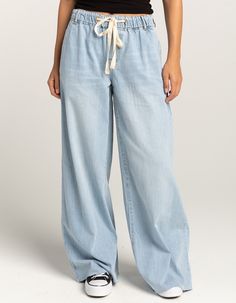 RSQ Womens Mid Rise Tie Front Denim Wide Leg Jeans - LIGHT WASH | Tillys Casual Light Indigo Washed Bottoms, Relaxed Fit Denim Bottoms For Vacation, Light Indigo Casual Jeans For Summer, Mid-rise Jeans For Spring Vacation, Mid-rise Jeans For Vacation In Spring, Spring Vacation Mid-rise Jeans, Medium Wash Denim Vacation Bottoms, Denim Blue Denim Bottoms For Vacation, Medium Wash Denim Jeans For Vacation