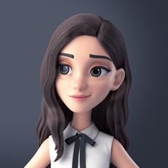 a cartoon girl with long hair wearing a white shirt and black tie, standing in front of a gray background