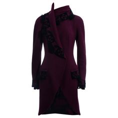 ▪ John Galliano plum wool coat ▪ 100% Wool, Lining: 100% Silk ▪ Black pattern trim with tassels ▪ Fabric covered buttons on cuffs ▪ Shawl lapel draped around the neck fastening with hidden buttons ▪ IT 44 - FR 40 - UK 12 - US 8 ▪ Fall-Winter 1998 Tassel Jacket, Summer Coats, Lace Jacket, Red Coat, Fabric Covered Button, Coat Design, John Galliano, Vintage Coat, Black Pattern