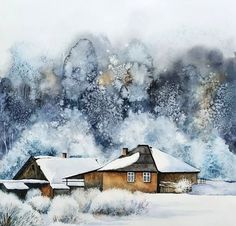 a painting of a house in the snow