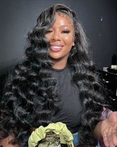 Jet Black Water Wave Wig, Big Hair Black Women Weave, Crimps Hairstyles For Black Women Side Part, Wavy Bundles Sew Ins, Curly Bussdown, Pretty Weave Hairstyles, See In Styles For Black Women, Side Part Beach Waves Black Women, Crimp Side Part