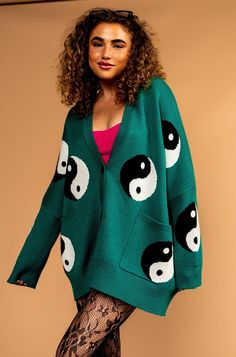 LALA ORIGINAL DESIGN: Main Character Energy Oversized Yin Yang Cardiga – Dressed In LALA Yin Yang Pattern, Winter Board, Dressed In Lala, Oversize Outfit, Main Character Energy, Grandpa Style, Style Goals, Teal Background, Cycle 3